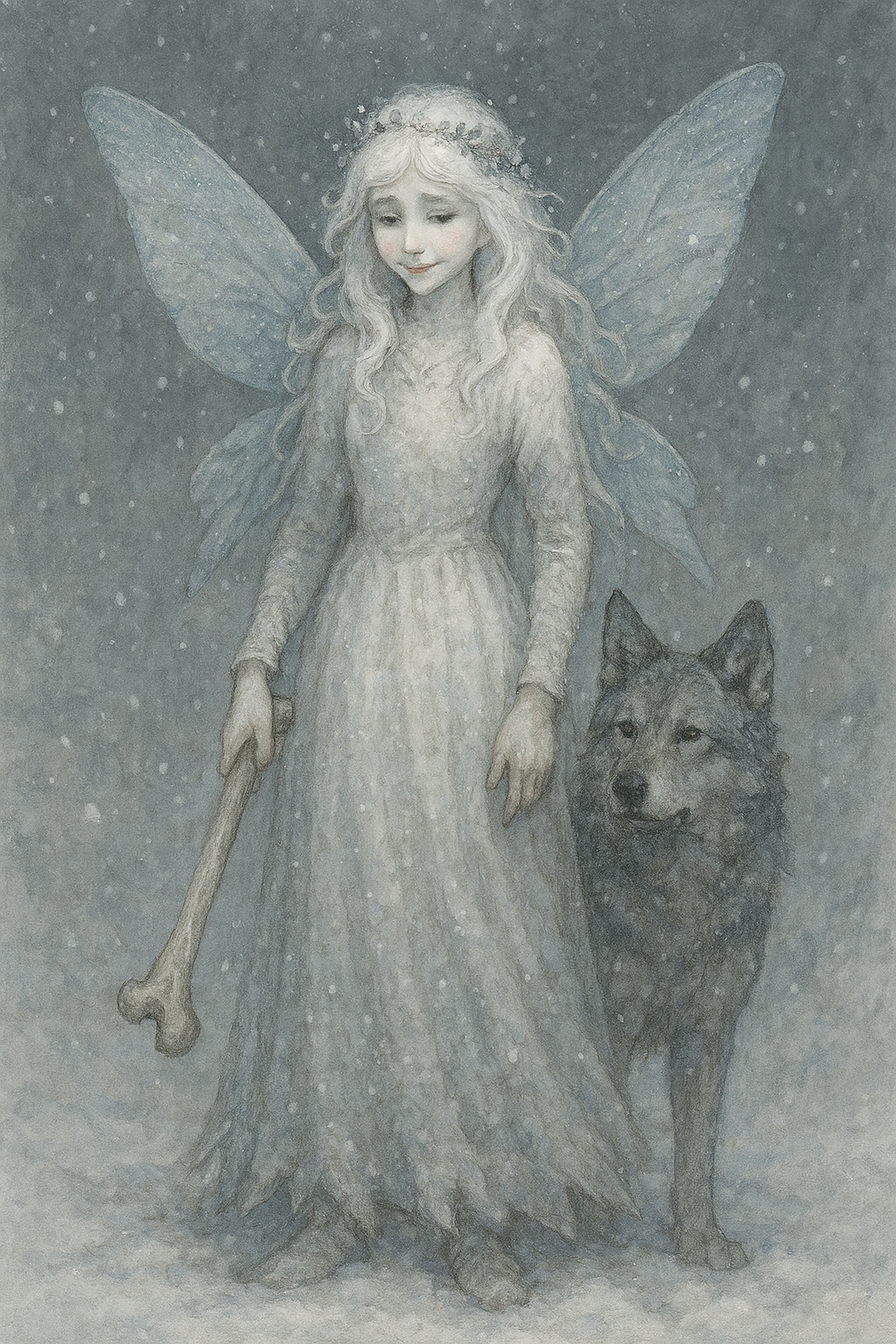 Ella surrounded by animals in pale winter light